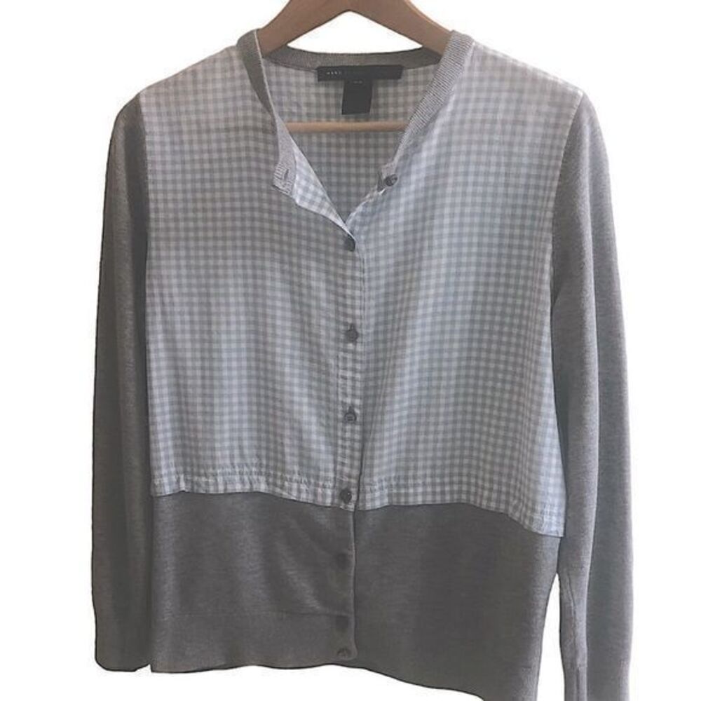 Marc by Marc Jacobs Blue‎ White Gingham & Grey Mix Media Cardigan Size Medium